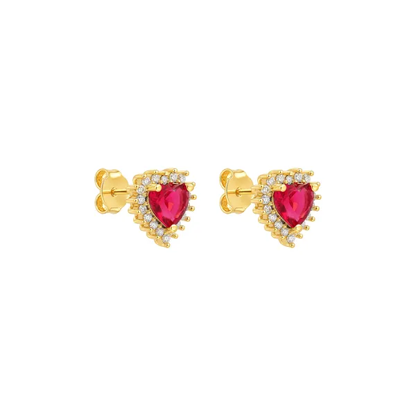 Brinco Dourado de Coração Vermelho Cravejado Zircônia